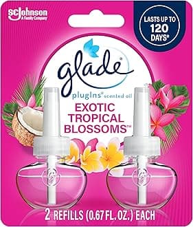 Glade PlugIns Refills Air Freshener, Scented and Essential Oils for Home and Bathroom, Exotic Tropical Blossoms, 1.34 Fl Oz, 2 Count