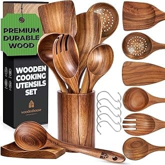 Wooden Utensil Set 8 Pcs – Sturdy & Easy to Clean, Natural Teak Wooden Spoons for Cooking – Non-Scratch Cooking Utensils with Spatula, Turner, Ladle, Spoons, Skimmer, Holder, Spoon Rest & 6 Hooks