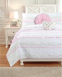 Pink Ruffle Metallic Printed Hearts Girl Cotton Reversible Quilt Bedding Set, Coverlet, Bedspreads (Sparkling Hearts, Queen - 3 Piece: 1 Quilt + 2 Shams)