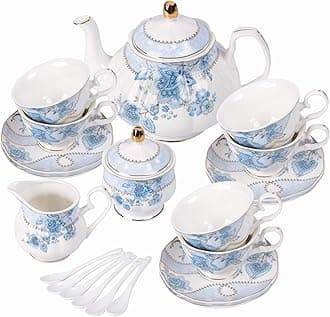 fanquare 21 Pieces Blue Floral Porcelain Afternoon Tea Set Service with Spoons,British Royal Tea Cup and Saucer Set of 6