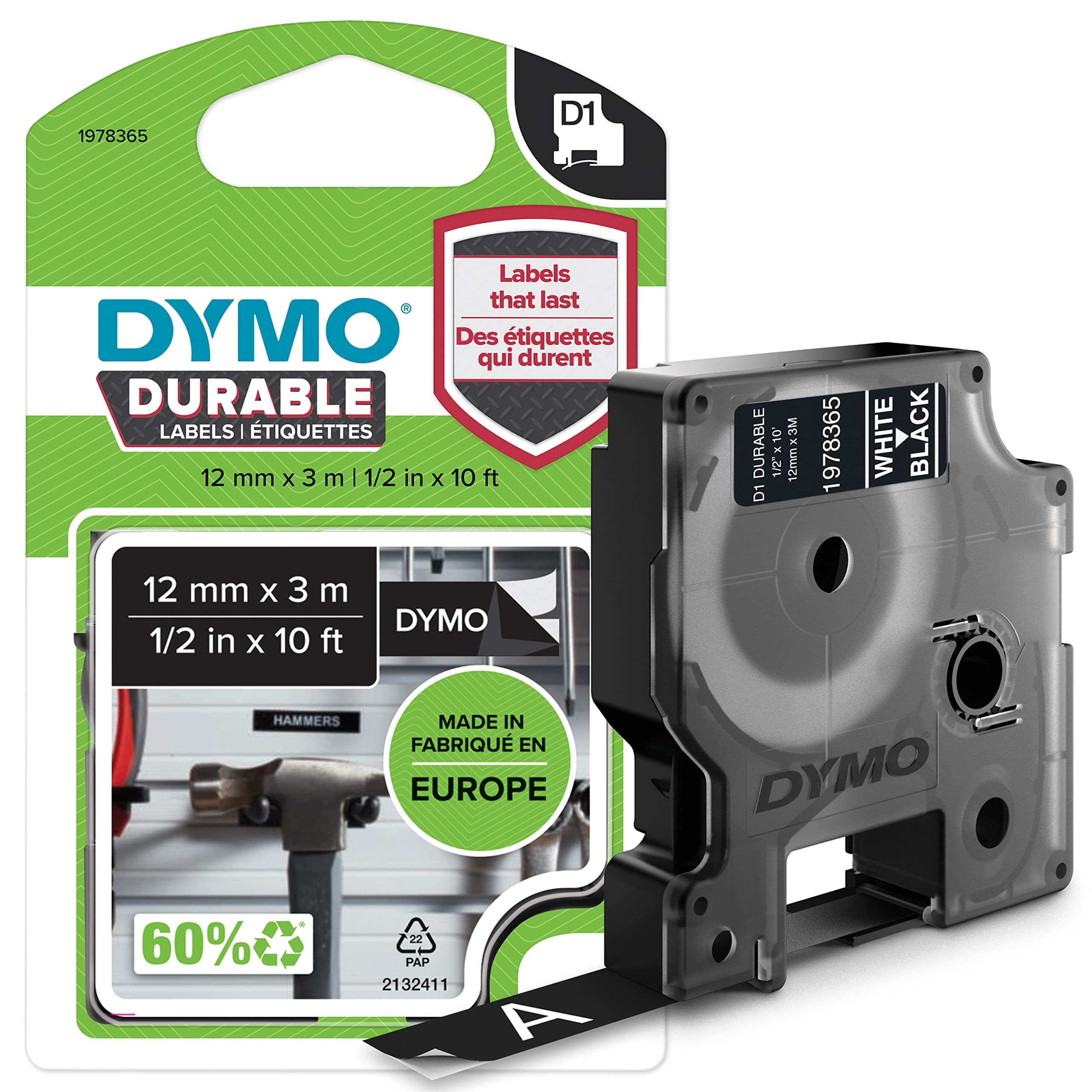 DYMO D1 Durable Labeling Tape for LabelManager Label Makers, White Print on Black Tape, 1.3 cm W x 10' L, 1 Cartridge (1978365), DYMO Authentic
