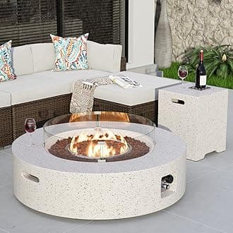 COSIEST 2-Piece Outdoor Propane Firepit Table Set w Tank Table, 42 inch Dark Fire Table Certified, 50,000 BTU w Beige Round Base,Wind Guard and 16 inches Tank Side Table 20lb for Garden,Pool