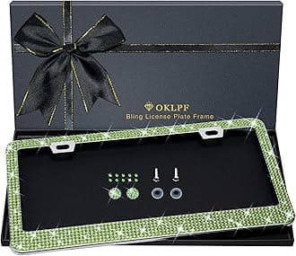 Bling License Plate Frame for Women, 1PCS Sparkly License Plate Frames| Over 1200 pcs 14 Facets Bedazzled Clear Glass Diamond Rhinestone Crystals w/Free Glitter Diamond Box (Olive Green)