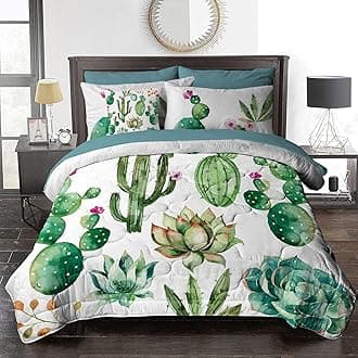 BlessLiving 8-Piece Cactus Comforter for Queen Bed Girls Green Plants Comforter Set Bed in A Bag - 1 Reversible Comforter, 2 Pillow Shams, 1 Flat Sheet, 1 Fitted Sheet, 1 Cushion Cover, 2 Pillowcases