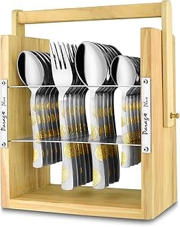 Parage 25 Pieces Stainless Steel Moonpress Cutlery Set with Wooden Hanging Stand for Dining Table (Contains: 6 Tea Spoons, 6 Table Spoons, 6 Table Forks, 6 Dinner Spoon), 24k Golden Plated Spoon Set