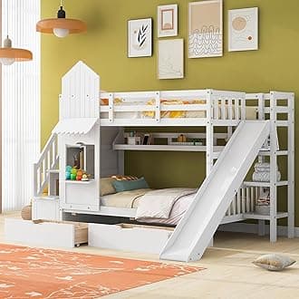 SOFTSEA Twin Over Twin Bunk Bed with Slide and Staircase Wodden Bunk Bed Frame with Storage Drawers, White