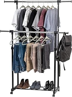 IRIS USA Portable Double-Rod Height Adjustable Clothes Rack with Extendable Bar and Lockable Wheels, Rolling Garment, Double Rod Wardrobe Rack, Easy Assemble, for Clothes, Belts, Shoes, and Bags