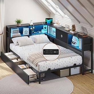 DICTAC Twin Corner Bed Frame with Bookcase Storage and Led Lights Twin Size Metal Platform Bed Frames with Storage Drawers and Charging Station Twin Size Daybed for Kids and Teen,Kids Bed Frame,Black