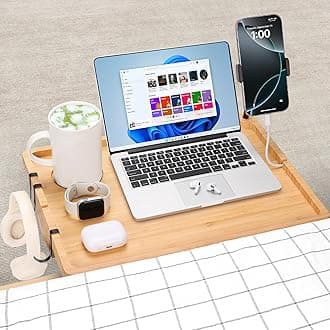 Bedside Shelf for Dorm Bed & Top Bunk, Bamboo Bed Side Table Tray with Cup Phone Holder & Hooks, Bedside Caddy, Clip on Nightstand Bedside Storage College Dorm Room Essentials (Bamboo)
