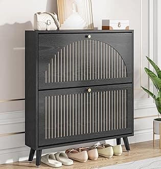 Fsbecl Shoe Storage Cabinet for Entryway with 2 Flip Drawers, Narrow Wood Shoe Cabinet with Fluted Panel, Freestanding Hidden Shoe Organizer for Foyer, Hallway (Black - No Shelf)