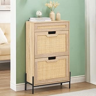 2 Flip Drawers Shoe Storage Cabinet with 1 Drawer, Rattan Shoe Organizer with Metal Legs, Freestanding Narrow Shoe Rack Cabinet for Entryway, Oak