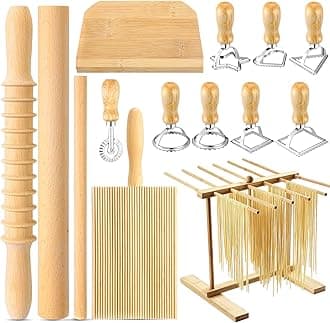 Suclain 14 Pcs Pasta Making Tool Set Includes Wooden Pasta Cutter Dough Scraper Rolling Pin Pasta Drying Rack Gnocchi Board Wood with Roller 8 Ravioli Stamp Maker Cutter for Kitchen Noodle (Classic)