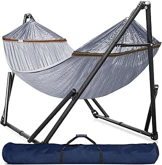 Tranquillo Double Hammock with Stand Included for 2 Persons/Foldable Hammock Stand 600 lbs Capacity Portable Case - Inhouse, Outdoor, Camping, Grey