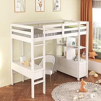 BTM Loft Bed, Loft Bed with Desk & Drawers, Single Loft Bed 3FT(90 * 190cm), High Sleeper Bunk Bed with Storage Compartments & Anti-fall Railings for Boys and Girls