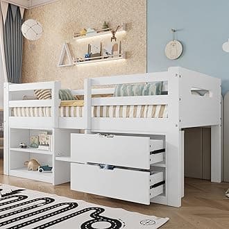 BTM Wooden Kids Bed with Storage, Mid Sleeper Cabin Bed with 2 Storage Boxes with Wheels, Imitation Roof Shape and Safety Guardrail, 3ft-90x190cm, Pine Wood+Particle Board, No Mattress