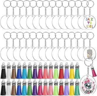 Audab Acrylic Keychain Blanks Kit - 120pcs Including Clear Acrylic Blanks, Keychain Tassels, Key Rings, Jump Rings for DIY Key Chain Vinyl Crafting