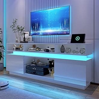 LED TV Stand for 80 Inch TV, Modern Tall Entertainment Center with Power Outlets, High Gloss TV Stand, Gaming TV Media Console with Glass Shelf for Living Room, 71 Inch, White