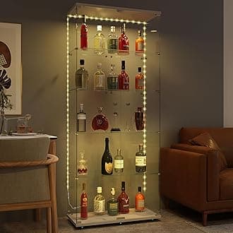 Modern Glass Display Cabinet 5-Shelf with LED Light, Lock and Wheels, 2 Door Curio Cabinets,Tempered Glass Collection Display Showcase for Living Room Home Office,30.9x13.5x76 H,White