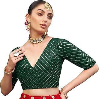 Pujia Mills Women's Blouse with Sequins, Ethnic Style, Half Sleeve, Sari and Lehenga Choli