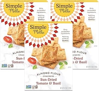 Simple Mills Almond Flour Crackers, Sundried Tomato & Basil - Gluten Free, Vegan, Healthy Snacks, Plant Based, 4.25 Ounce (Pack of 3)