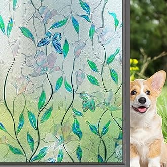 3D Privacy Window Film Etched Glass Door Film Magnolia Flower Stained Glass Window Cling Tints Static Cling Anti UV Sunshine Blocking for Home and Office Decorative,23.6x35.4 inches