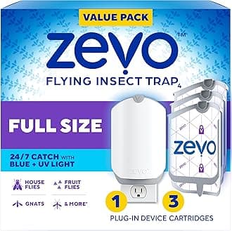 Zevo Flying Insect Trap & 3 Refill Cartridges - Plug in Fly Trap & Indoor Bug Catcher for Gnats, House & Fruit Flies - Blue & UV Light Technology, Mess-Free Alternative to Bug Zapper