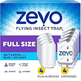 4 Flying Insect Traps & 4 Cartridges - Plug In Fly Trap & Indoor Bug Catcher for Gnats, House & Fruit Flies - Mess-Free - Use in Any Room - Uses Blue & UV Light (4 Plug In Devices & 4 Cartridges)
