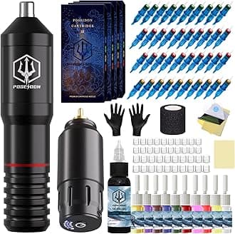 Tattoo Pen Kit - POSEIDON Wireless Tattoo Machine Kit, Tattoo Gun Kit with Tattoo Power Supply and 40 Pcs Tattoo Cartridge Needles, Complete Tattoo Kit Supplies for Beginners(PTK018)
