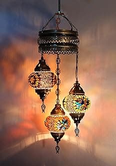 Asylove Turkish Ceiling Lamp, Mosaic Pendant Lamp Turkish Chandeliers 3 Globe Moroccan Ceiling Lighting Art Deco Brillant Fixture, 5 inc Globe - Total Dimensions 14x14x35 inch (Colormix 1)