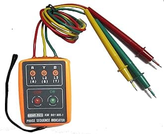 Kusam-Meco KM 981 MK-1 Phase Sequence Meter | 3 Phase Rotation Tester RYB | 60-600V AC Phase Indicator with LED & Buzzer | Detect Open Phase | Electrician Tool for Motor, Panel & Industrial Testing