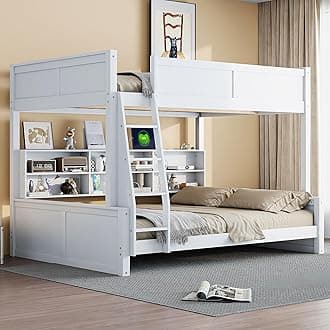 RuiSiSi Full XL Over Queen Bunk Bed with Storage, Modern Wood Queen Bunk Bed with Storage Cabinets and USB Ports for Kids Teens Adults, Space-Saving with Ladder, Guardrail, Antique White