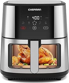 Easy-View Air Fryer – 8 Qt Family Size with Viewing Window, One-Touch Digital Control with 4 Presets, Nonstick & Dishwasher Safe, Broil, Roast, Dehydrate, Bake, Auto-Shutoff, Stainless Steel