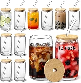 [ 12pcs Set ] Glass Cups with Bamboo Lids and Glass Straw - Beer Can Shaped Drinking Glasses, 16 oz Iced Coffee Glasses, Cute Tumbler Cup for Smoothie, Boba Tea, Whiskey, Water - 4 Cleaning Brushes