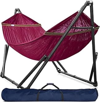 Universal Double Hammock with Stand Included for 2 Persons/Foldable Hammock Stand 600 lbs Capacity Portable Case - Inhouse, Outdoor, Camping, Red