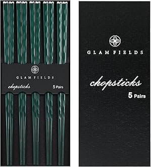 GLAMFIELDS 5 Pairs Chopsticks Reusable, Premium Fiberglass Chop sticks Dishwasher Safe for Sushi Ramen, Non-slip, 9 1/2 inches - Gift Set Green with Silver Plated