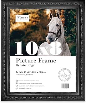 10x8 Black Ornate Picture Frame 10"x8"(25.4x20.3cm) Poster, Photo, Artwork, or Print. Opulent Style Portrait and Landscape Display with Wall Hooks