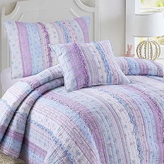 Shabby Chic Romantic Lace Purple Blue Floral Cotton Bedding Quilt Set, Reversible Coverlet, Bedspread (Lavender, Twin-3 Piece: 1 Quilt+1 Sham+1 Decor Pillow)