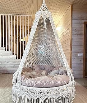 Generic Hanging Macrame Swing Chair (Swing with Cushion) - 100% Cotton Rope and Iron Frame - Maximum Weight Capacity 330 lbs