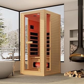 Infrared Sauna, 1 Person Full Spectrum Infrared Saunas for Home, Indoor Dry Sauna with 4 Carbon Panels and 1 Carbon Tube, Oxygen Bar, Bluetooth and 7 Color Therapy Lights, Canadian Hemlock