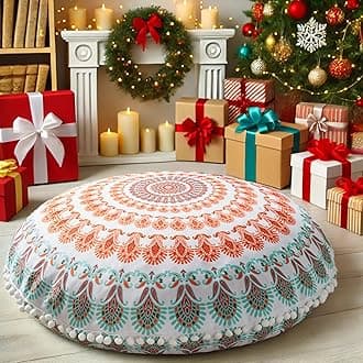 Codi Meditation Floor Pillow, Round Large Pillows Seating for Adults, Bohemian Mandala Circle Cushion for Outdoor Fireplace Yoga Living Room, 32 Inch, Memory Foam Added, Coral