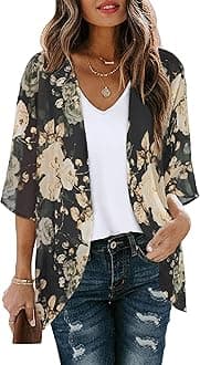 CHICGALWomen's Floral Print Puff Sleeve Kimono Cardigan Loose Cover Up Casual Blouse Tops