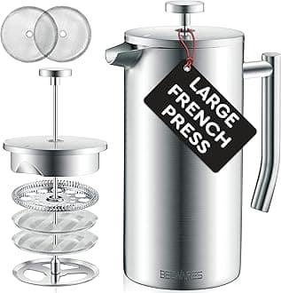 Large French Press Coffee Maker - 50oz, 1.5L Double Wall 304 Stainless Steel Coffee Press - 4 Level Filtration System with 2 Extra Filters, Silver