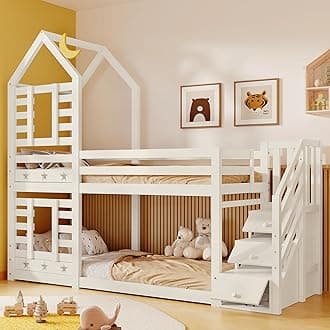 Bunk Bed for Kids and Teenagers, 3ft Twin Sleeper Loft Bed with Stairs and Storage Space, Children Cabin Bed Double Bed Frame with Window and Roof, Solid Pine Wood House Loft Bed, White, 190x90 cm