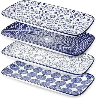 Ceramic Rectangular Serving Platters Set of 4, 12 Inch Serving Trays/Dishes for Party Entertaining, Rectangular Dinner Plates for Appetizer Salad Dessert Sushi, Vintage Blue