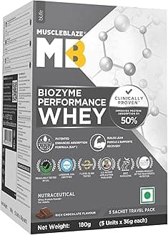 Biozyme Performance Whey Protein Powder, Rich Chocolate, 5 Sachets (36g each) | Travel Pack | 25g Protein Per Sachet | Clinically Tested 50% Higher Protein Absorption