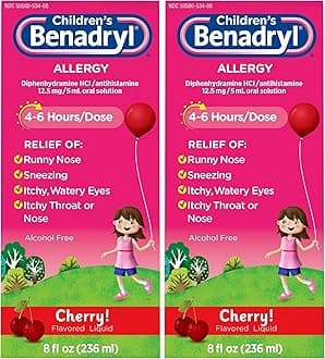 Children's Allergy Relief Liquid Medicine with Diphenhydramine HCl Antihistamine for Kids, Effective Allergy Relief, Cherry Flavor, 8 fl. oz (Pack of 2)