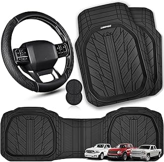 CAR PASS Rubber Leather Steering Wheel Cover Large-Size 15.5-16 Inches Fit for Truck SUV Large Car Ram F150 Tundra 4Runner Tacoma, XXL Heavy Duty Deep-Dish Car Floor Mats, Trim-to-Fit Car Mat Black