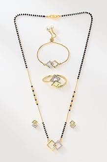 ZENEME Jewellery Gold Plated Combo All In One Mangalsutra Tanmaniya Nallapusalu Necklace Pendant Black Bead Golden Chain Bracelet Ring Earrings For Women and Girls