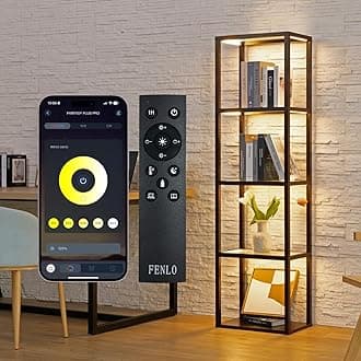 FENLO Fantasy Plus 66" Luxury Display Shelf with Dimmable LED Floor Lamps, Sturdy Curio Cabinet with Glass Bookcase Display Case, Shelves for Bedroom, Open Bookshelf, Brown