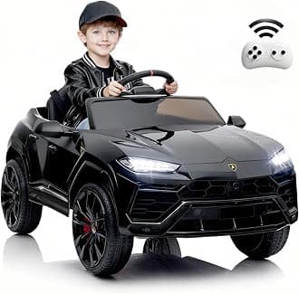 Rock Wheels Licensed Lamborghini Urus Ride On Truck Car Toy, 12V Battery Powered Electric 4 Wheels Kids Toys w/Parent Remote Control, Foot Pedal, Music, Aux, LED Headlights, 2 Speeds (Black)
